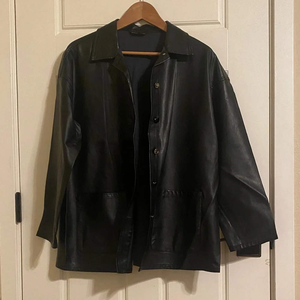SHEIN Black Oversized Leather/PU Button-Front Jacket
